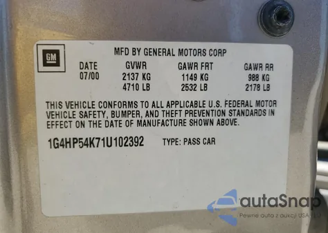 2001 Buick Lesabre Custom из США, поврежденный, VIN 1G4HP54K71U102392